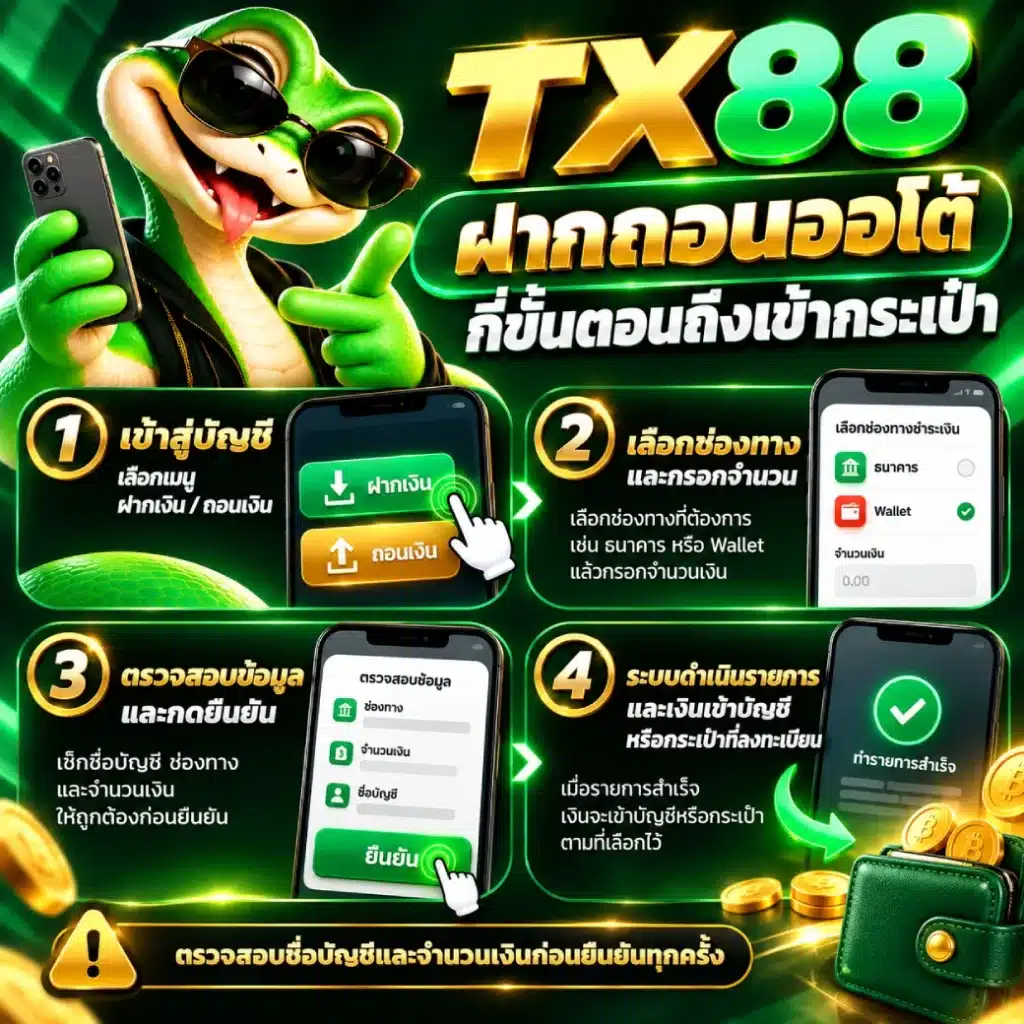 TX88 ฝากถอนออโต้ กี่ขั้นตอนถึงเข้ากระเป๋า