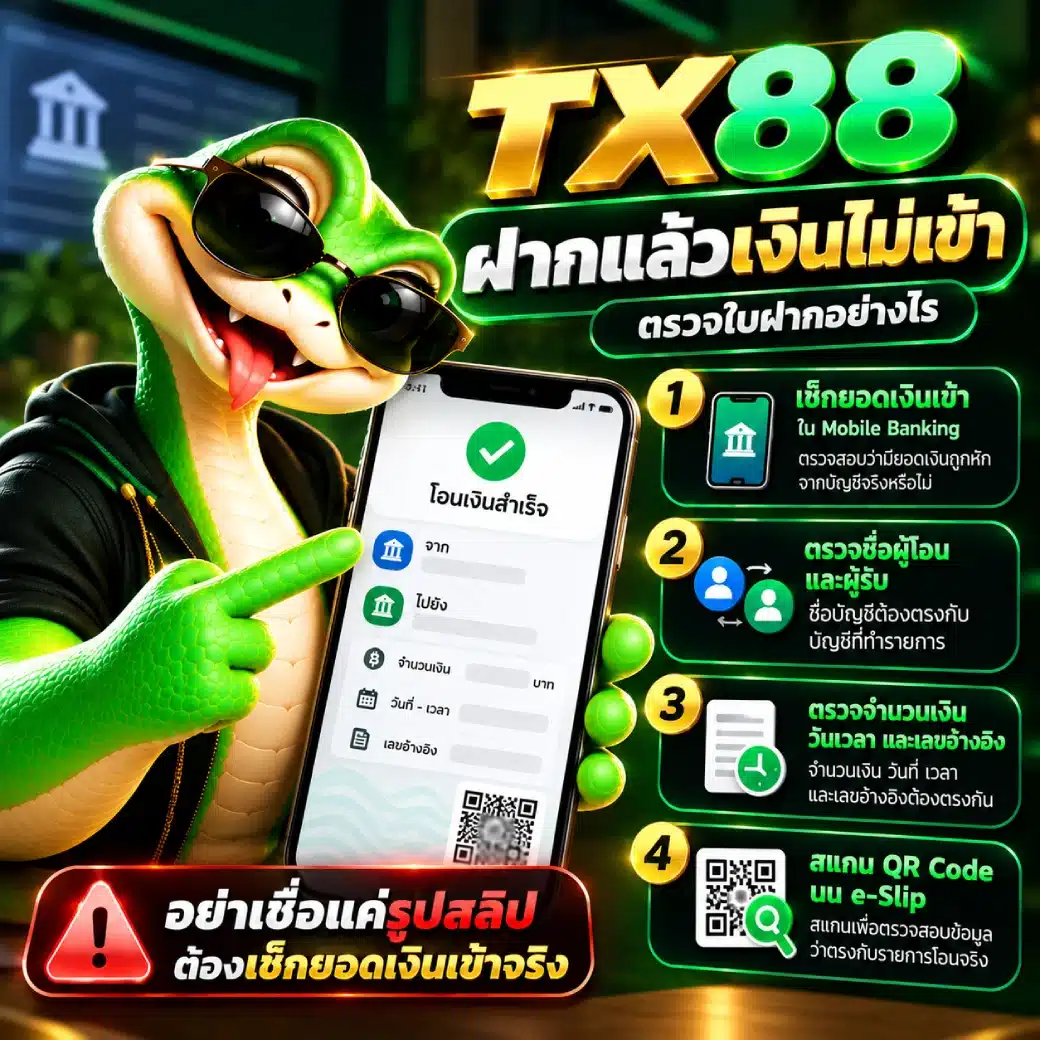 TX88 ฝากแล้วเงินไม่เข้า ตรวจใบฝากอย่างไร